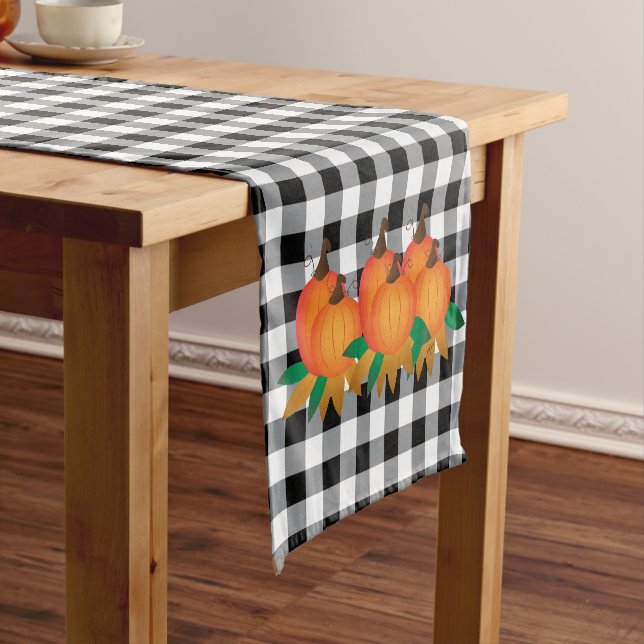 Black Gingham pattern and pumpkins table runner (In Situ)