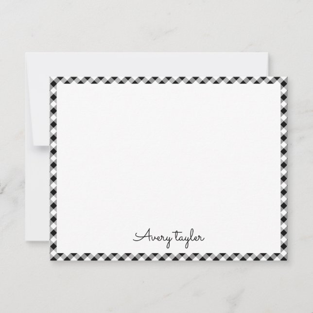 Black gingham pattern personalised Stationery Card (Front)