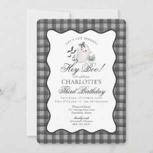 Black Gingham Preppy Ghost Hey Boo Birthday Invitation