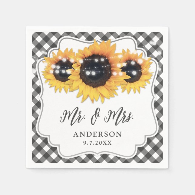 Black Gingham Rustic Sunflower Floral Wedding Napkin (Front)