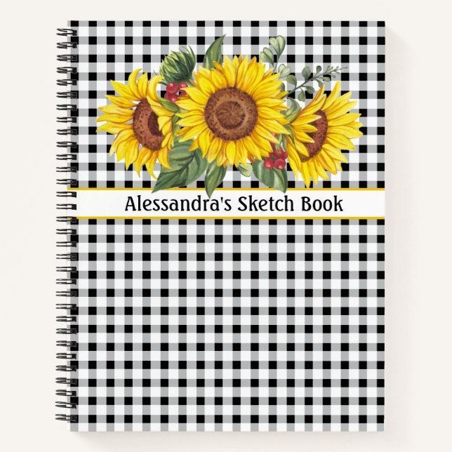 Black Gingham Sunflower CreateYourOwn Phrase  Notebook (Front)