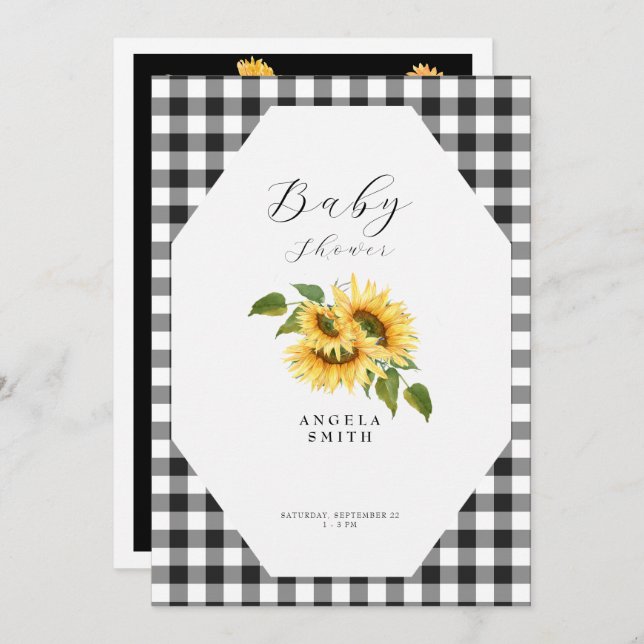 Black Gingham Sunflower Generic Baby Shower Invitation (Front/Back)