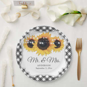 Black Gingham Sunflower Mr and Mrs Wedding Paper Plate