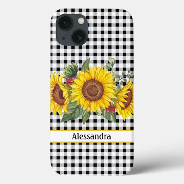 Black Gingham Sunflower Personalised Case-Mate iPhone Case (Back)