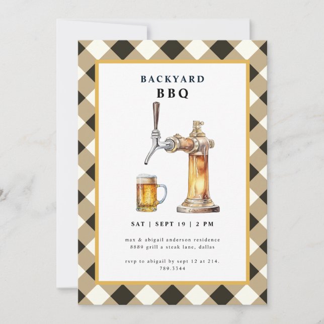 Black Gingham Tap & Beer Keg Backyard BBQ Party Invitation (Front)