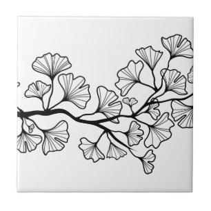 black ginkgo tree with leaves ceramic tile