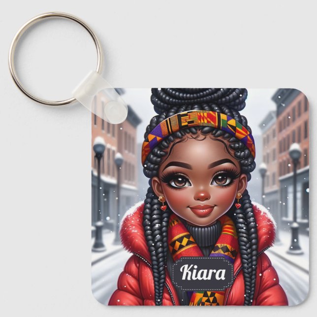 Black girl African American with Braids Key Ring (Front)