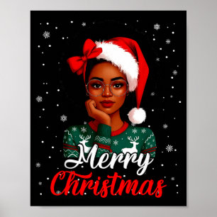 Black Girl Afro Santa Hat Merry Christmas African Poster
