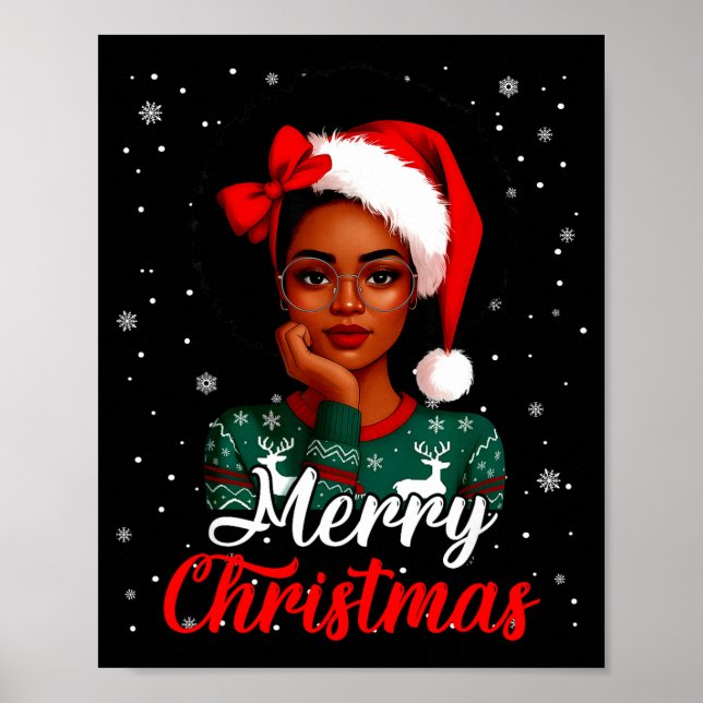 Black Girl Afro Santa Hat Merry Christmas African  Poster (Front)