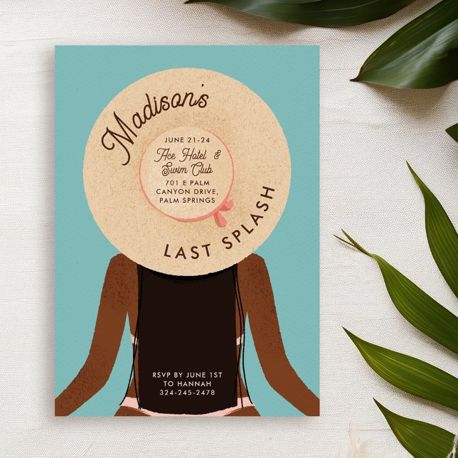 Black Girl Bachelorette Pool Party - Last Splash Invitation (black hair and black skin girl wearing a beach hat - bachelorette pool party invitation)
