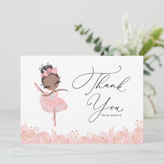 Black Girl Ballerina in Pink Dress Birthday Thank You Card (Standing Front)