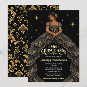 Black Girl Black Gold Baroque Quinceañera Invitation