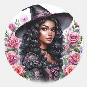 Black Girl Bubblegum Witch Pink-o-ween Classic Round Sticker