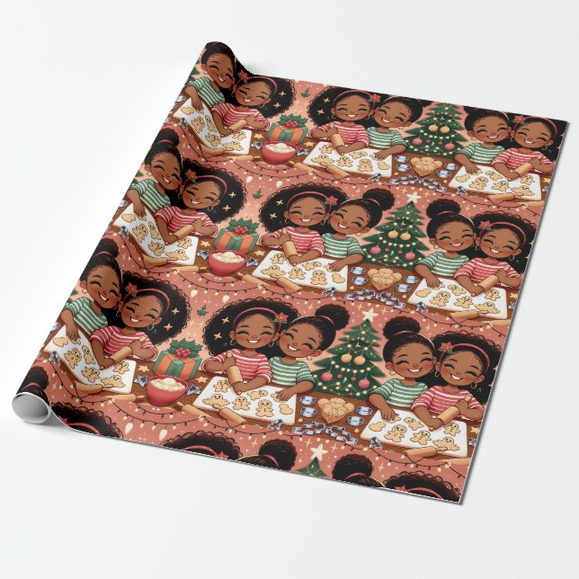 Black Girl Christmas Wrapping Paper - Sisters (Unrolled)