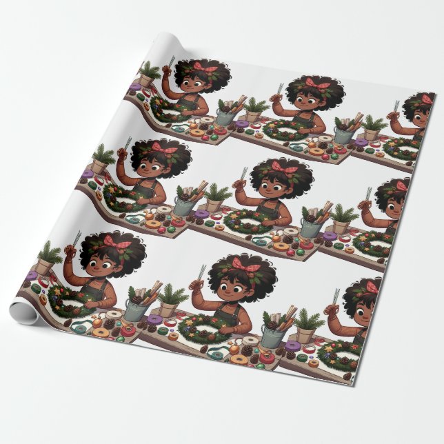 Black girl Christmas wreath wrapping paper  (Unrolled)