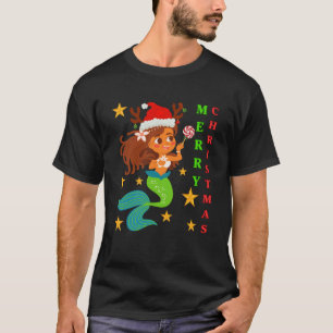 Black Girl Cute Mermaid Santa Claus Merry Christma T-Shirt
