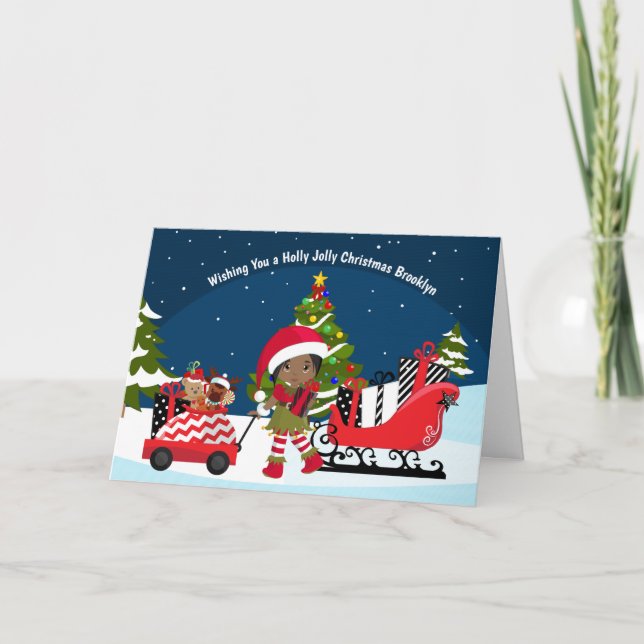 Black Girl Elf Folded Holiday Card (Front)