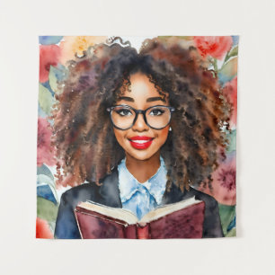 Black Girl in Glasses Holding Book Floral Art Tapestry