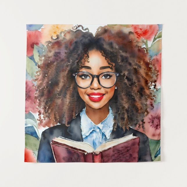 Black Girl in Glasses Holding Book Floral Art Tapestry (Front)
