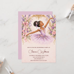 Black Girl Lavender Floral Ballerina 5th Birthday Invitation