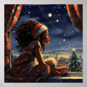 Black Girl Looking At The City on Christmas Eve Poster