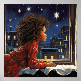 Black Girl Looking At The Night Sky for Santa  Poster