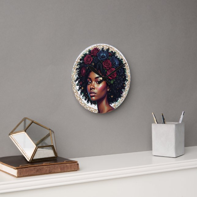 Black Girl Magic Afro Diva Round Clock (Office)