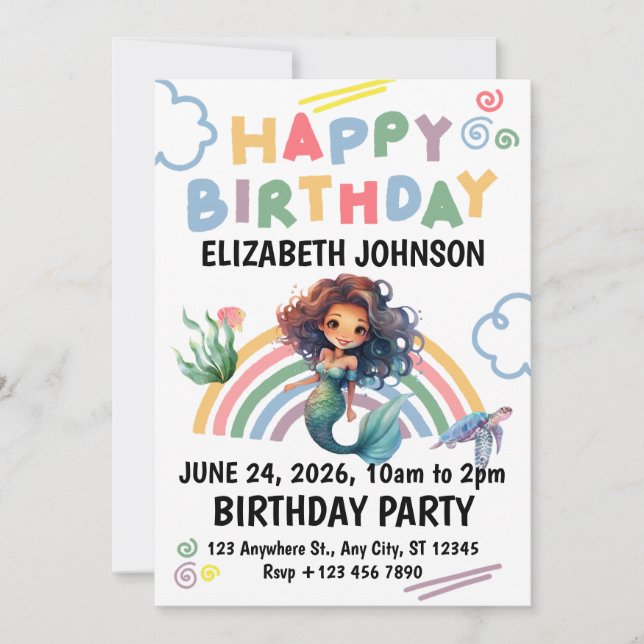 Black Girl Mermaid Birthday Invitation in White  (Front)