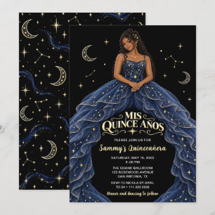 Black Girl Midnight Blue Celestial Quinceañera Invitation