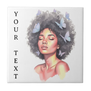 Black Girl Pastel Minimalistic Butterfly Custom Ceramic Tile