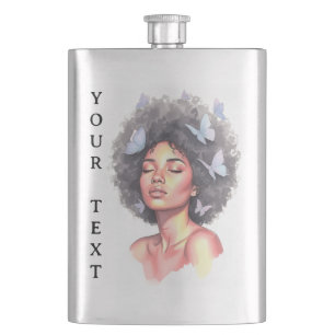 Black Girl Pastel Minimalistic Butterfly Custom Hip Flask