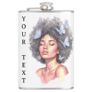 Black Girl Pastel Minimalistic Butterfly Custom Hip Flask