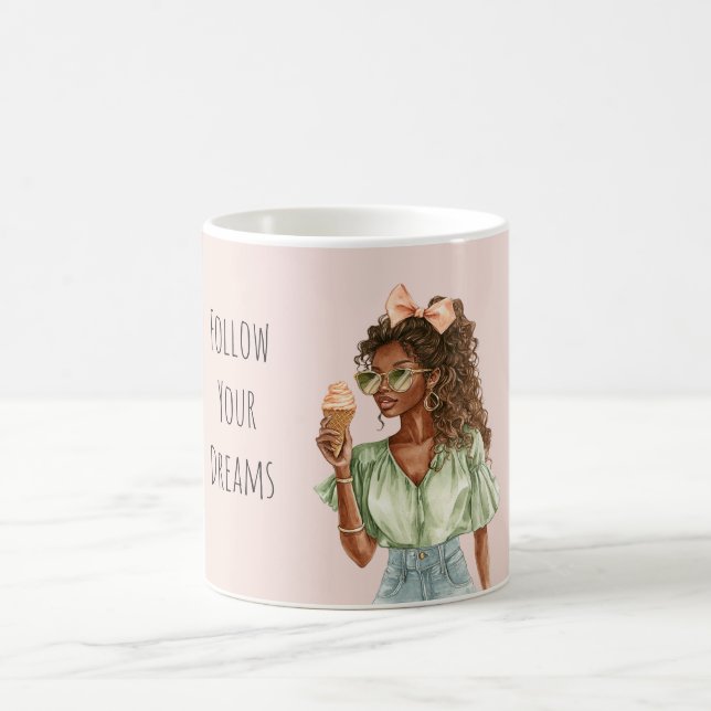 Black Girl Peach Bow Ice Cream Cone Coffee Mug (Center)