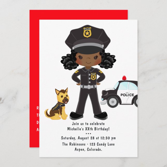 Black Girl Police Officer Party Birthday Invitation (Front/Back)
