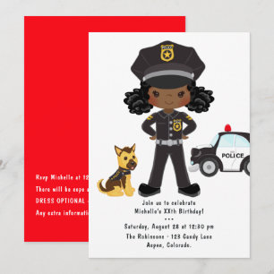 Black Girl Police Officer Party Birthday Invitation