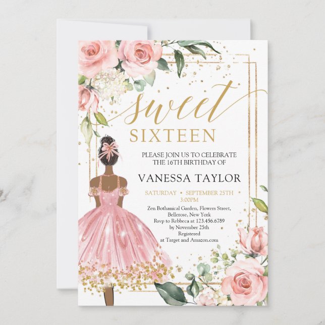 Black Girl Princess pink dress blush floral gold Invitation (Front)