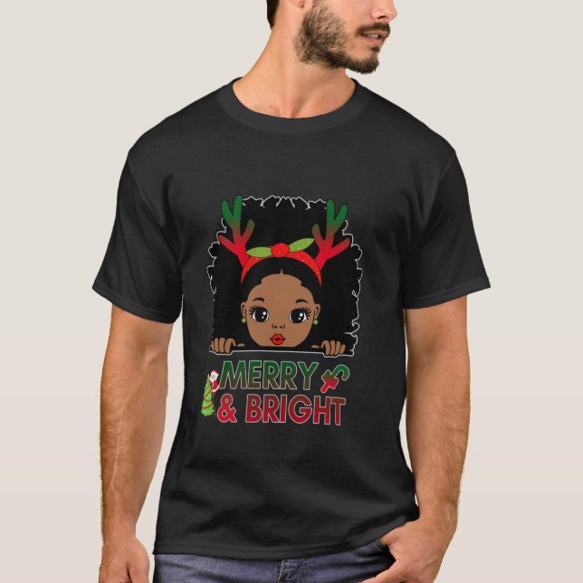 Black Girl Reindeer Santa Claus Christmas Merry An T-Shirt (Front)