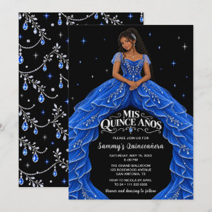 Black Girl Royal Blue Silver Quinceañera Invitation