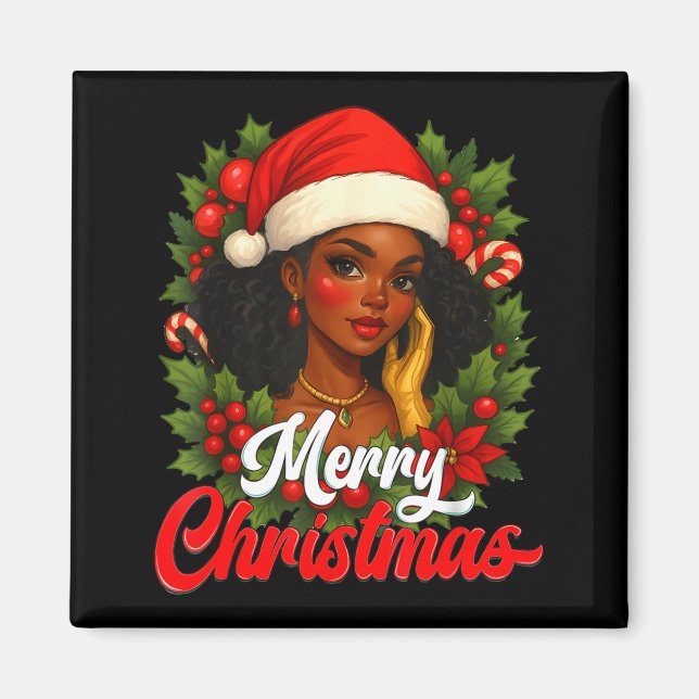 Black Girl Santa Hat Merry Christmas Pajama Africa Magnet (Front)