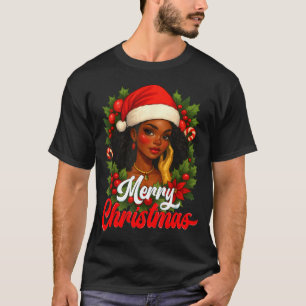 Black Girl Santa Hat Merry Christmas Pajama Africa T-Shirt