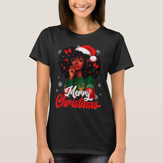 Black Girl Santa Hat Merry Christmas Pajama Africa T-Shirt (Front)