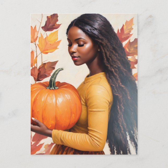 Black Girl With Pumpkin Fall Leaves Postcard (Front)