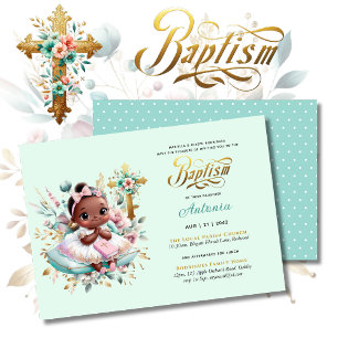 Black Girl's BAPTISM Pink Gold Floral Cross Invitation