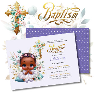 Black Girl's BAPTISM Purple Gold Floral Cross Invitation