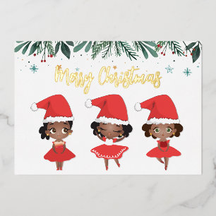 Black Girls Christmas Santa Hat Ballerinas Foil Holiday Card