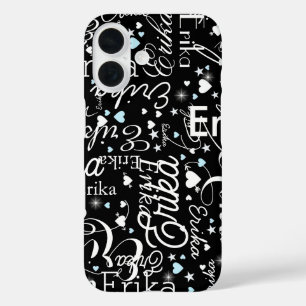 Black Girly Calligraphy Typography Name Pattern iPhone 16 Case