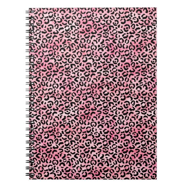 Black Girly Pink Watercolor Leopard Print Notebook (Front)