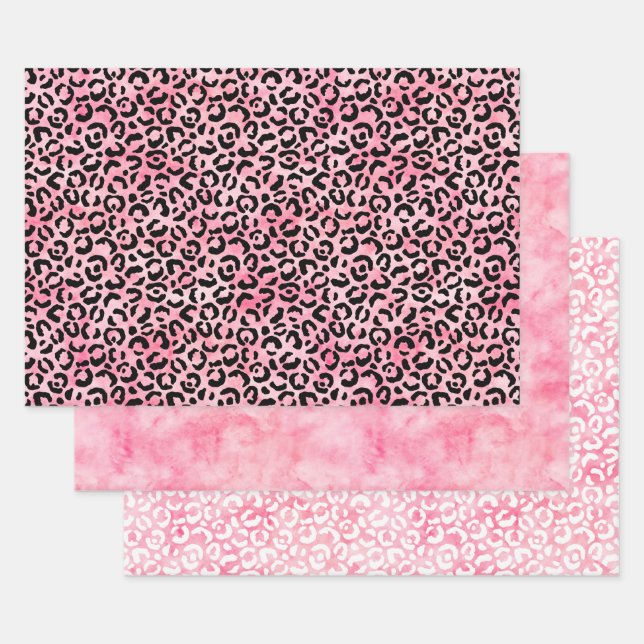 Black Girly Pink Watercolor Leopard Print Wrapping Paper Sheet (Set)