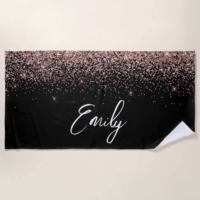 Black Girly Rose Gold Blush Pink Glitter Monogram Beach Towel (Front)