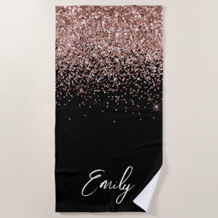 Black Girly Rose Gold Blush Pink Glitter Monogram Beach Towel